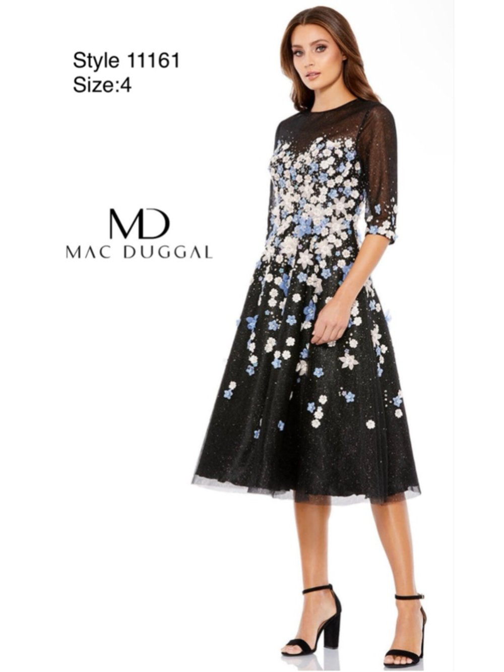 NWT- Women's Mac Duggal Black Floral Embellished Midi Dress Size 4